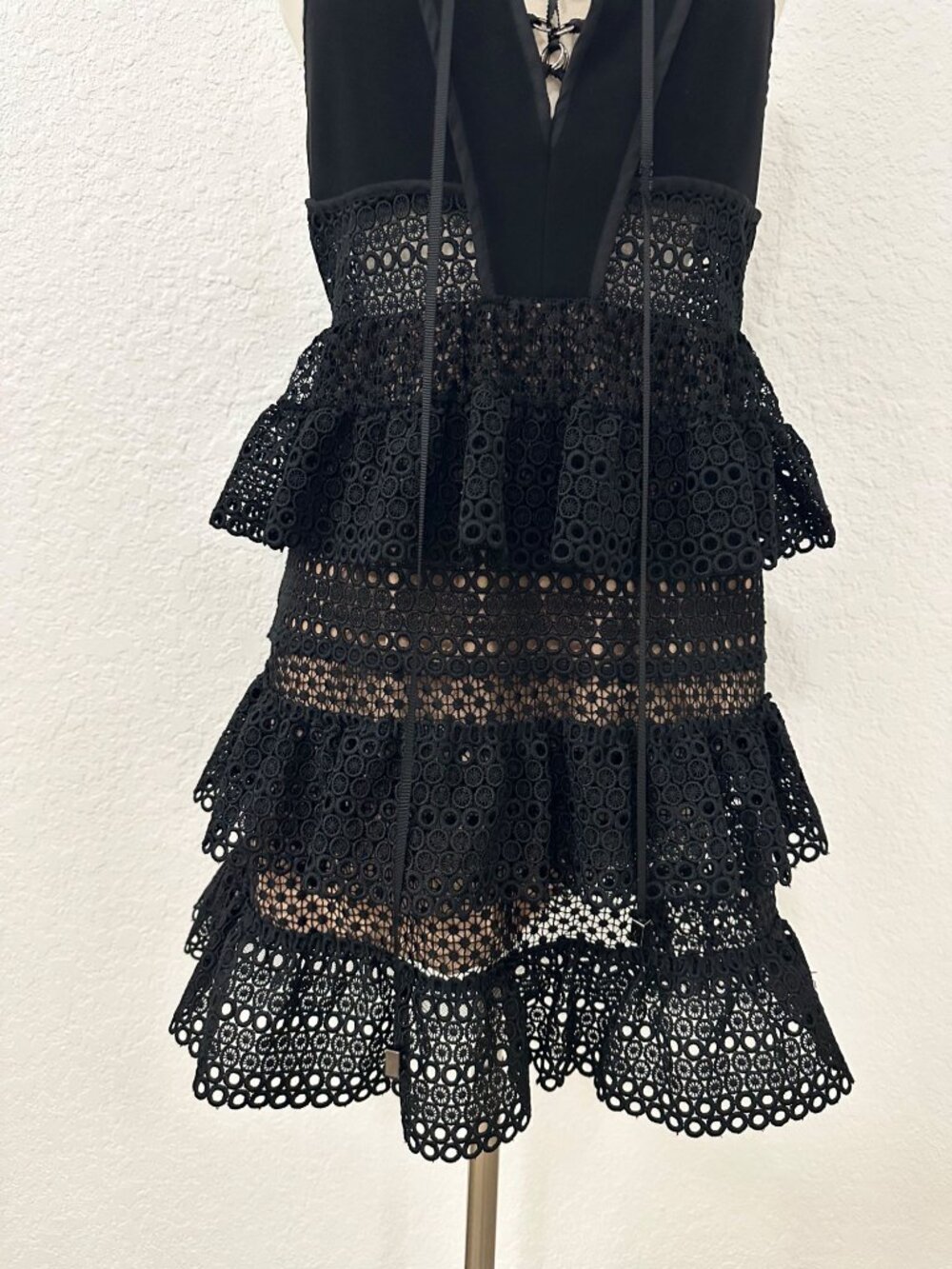 Self Portrait Lace Up Tiered Dress in Black - Picture 5 of 15